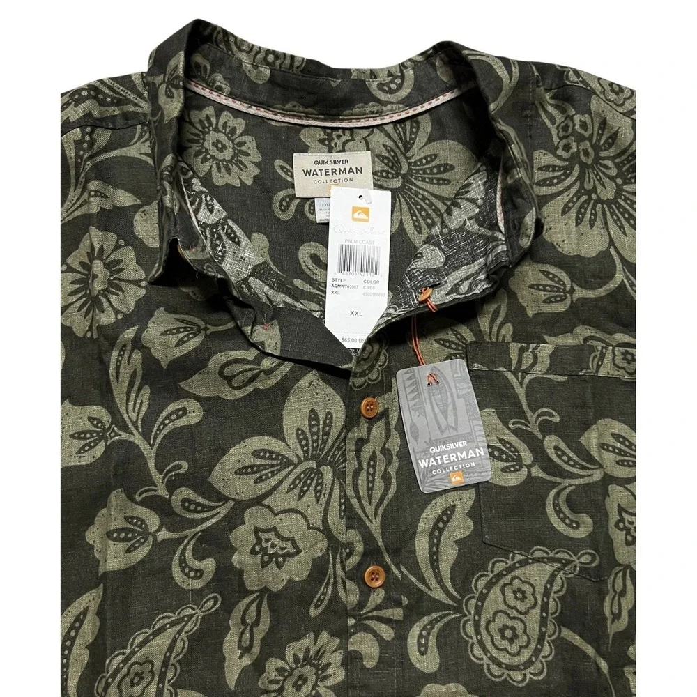 NWT Quiksilver Waterman Shirt S/S Mens 2XL Linen‎ Green Floral Paisley MSRP $65